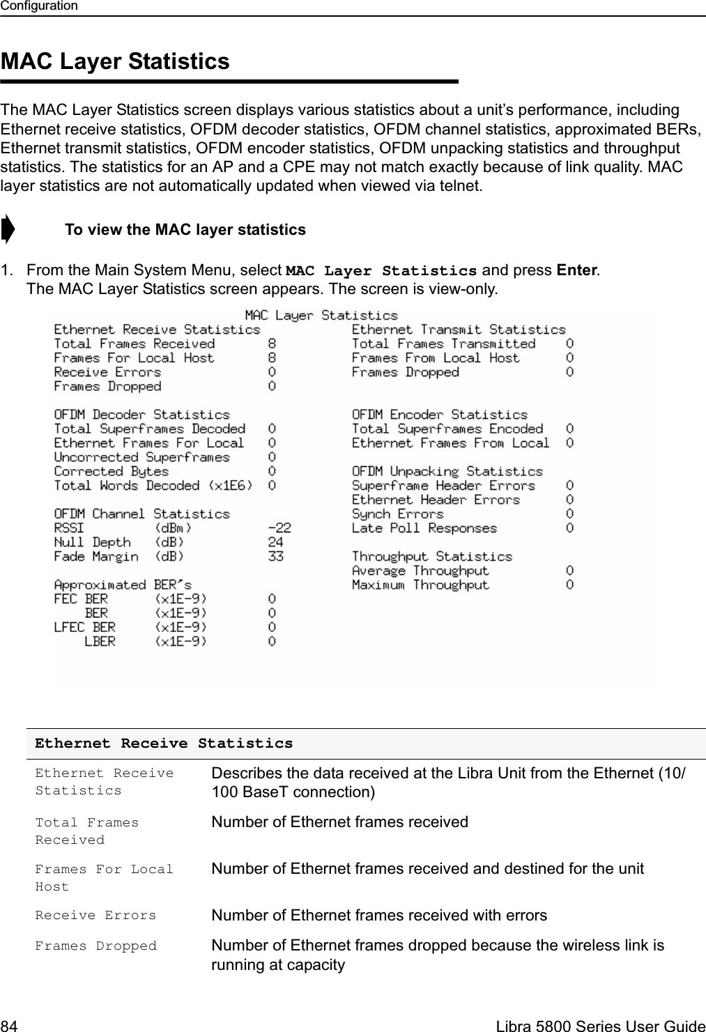 Configuration84  Libra 5800 Series User GuideMAC Layer StatisticsThe MAC Layer Statistics screen displays various statistics about a unit’s performance, including Ethernet receive statistics, OFDM decoder statistics, OFDM channel statistics, approximated BERs, Ethernet transmit statistics, OFDM encoder statistics, OFDM unpacking statistics and throughput statistics. The statistics for an AP and a CPE may not match exactly because of link quality. MAC layer statistics are not automatically updated when viewed via telnet. ➧  To view the MAC layer statistics1. From the Main System Menu, select MAC Layer Statistics and press Enter.The MAC Layer Statistics screen appears. The screen is view-only.Ethernet Receive StatisticsEthernet Receive StatisticsDescribes the data received at the Libra Unit from the Ethernet (10/100 BaseT connection)Total Frames ReceivedNumber of Ethernet frames receivedFrames For Local HostNumber of Ethernet frames received and destined for the unitReceive Errors  Number of Ethernet frames received with errorsFrames Dropped Number of Ethernet frames dropped because the wireless link is running at capacity