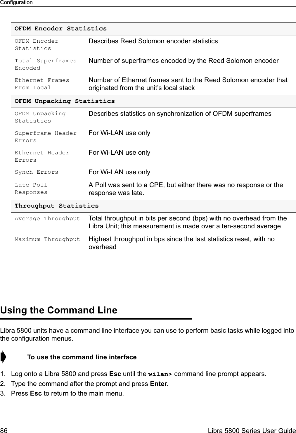 Configuration86  Libra 5800 Series User GuideUsing the Command LineLibra 5800 units have a command line interface you can use to perform basic tasks while logged into the configuration menus.➧  To use the command line interface1. Log onto a Libra 5800 and press Esc until the wilan&gt; command line prompt appears.2. Type the command after the prompt and press Enter.3. Press Esc to return to the main menu.OFDM Encoder StatisticsOFDM Encoder StatisticsDescribes Reed Solomon encoder statisticsTotal Superframes EncodedNumber of superframes encoded by the Reed Solomon encoderEthernet Frames From LocalNumber of Ethernet frames sent to the Reed Solomon encoder that originated from the unit’s local stackOFDM Unpacking StatisticsOFDM Unpacking StatisticsDescribes statistics on synchronization of OFDM superframesSuperframe Header ErrorsFor Wi-LAN use onlyEthernet Header ErrorsFor Wi-LAN use onlySynch Errors For Wi-LAN use onlyLate Poll ResponsesA Poll was sent to a CPE, but either there was no response or the response was late.Throughput StatisticsAverage Throughput Total throughput in bits per second (bps) with no overhead from the Libra Unit; this measurement is made over a ten-second averageMaximum Throughput Highest throughput in bps since the last statistics reset, with no overhead