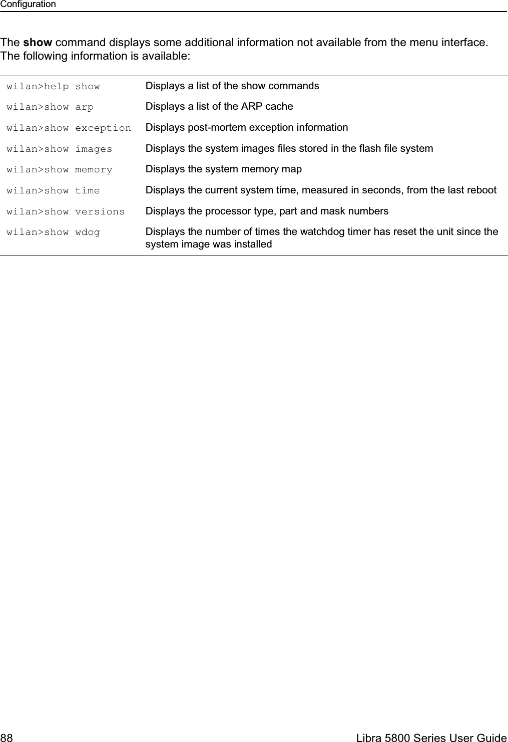 Configuration88  Libra 5800 Series User GuideThe show command displays some additional information not available from the menu interface. The following information is available:wilan&gt;help show Displays a list of the show commandswilan&gt;show arp Displays a list of the ARP cachewilan&gt;show exception Displays post-mortem exception informationwilan&gt;show images Displays the system images files stored in the flash file systemwilan&gt;show memory Displays the system memory mapwilan&gt;show time Displays the current system time, measured in seconds, from the last rebootwilan&gt;show versions Displays the processor type, part and mask numberswilan&gt;show wdog Displays the number of times the watchdog timer has reset the unit since the system image was installed