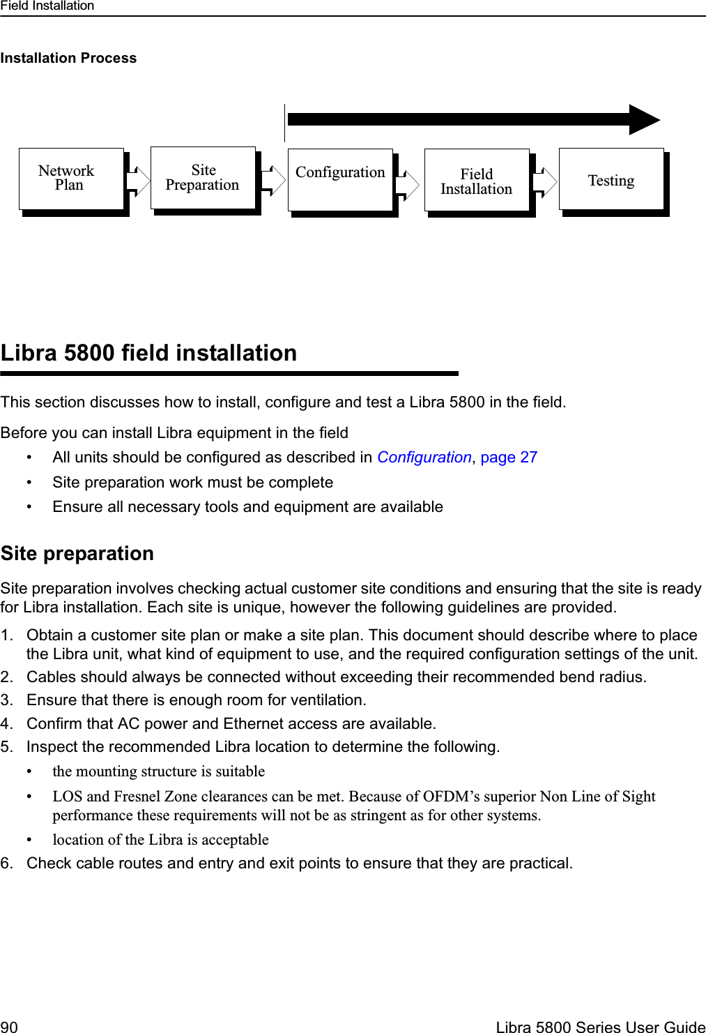 Field Installation90  Libra 5800 Series User GuideInstallation ProcessLibra 5800 field installationThis section discusses how to install, configure and test a Libra 5800 in the field. Before you can install Libra equipment in the field• All units should be configured as described in Configuration, page 27• Site preparation work must be complete• Ensure all necessary tools and equipment are availableSite preparationSite preparation involves checking actual customer site conditions and ensuring that the site is ready for Libra installation. Each site is unique, however the following guidelines are provided.1. Obtain a customer site plan or make a site plan. This document should describe where to place the Libra unit, what kind of equipment to use, and the required configuration settings of the unit.2. Cables should always be connected without exceeding their recommended bend radius.3. Ensure that there is enough room for ventilation.4. Confirm that AC power and Ethernet access are available.5. Inspect the recommended Libra location to determine the following.• the mounting structure is suitable• LOS and Fresnel Zone clearances can be met. Because of OFDM’s superior Non Line of Sight performance these requirements will not be as stringent as for other systems. • location of the Libra is acceptable6. Check cable routes and entry and exit points to ensure that they are practical.NetworkPlanSitePreparation FieldInstallationConfiguration Testing