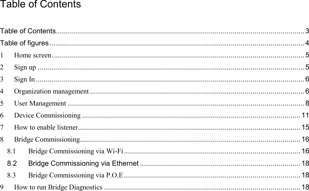 Table of Contents  Table of Contents............................................................................................................................ 3 Table of figures ............................................................................................................................... 4 1 Home screen .............................................................................................................................. 5 2 Sign up ..................................................................................................................................... 5 3 Sign In ...................................................................................................................................... 6 4 Organization management ........................................................................................................... 6 5 User Management ...................................................................................................................... 8 6 Device Commissioning ............................................................................................................. 11 7 How to enable listener............................................................................................................... 15 8 Bridge Commissioning.............................................................................................................. 16 8.1 Bridge Commissioning via Wi-Fi ........................................................................................ 16 8.2 Bridge Commissioning via Ethernet ................................................................................ 18 8.3 Bridge Commissioning via P.O.E ........................................................................................ 18 9 How to run Bridge Diagnostics .................................................................................................. 18    