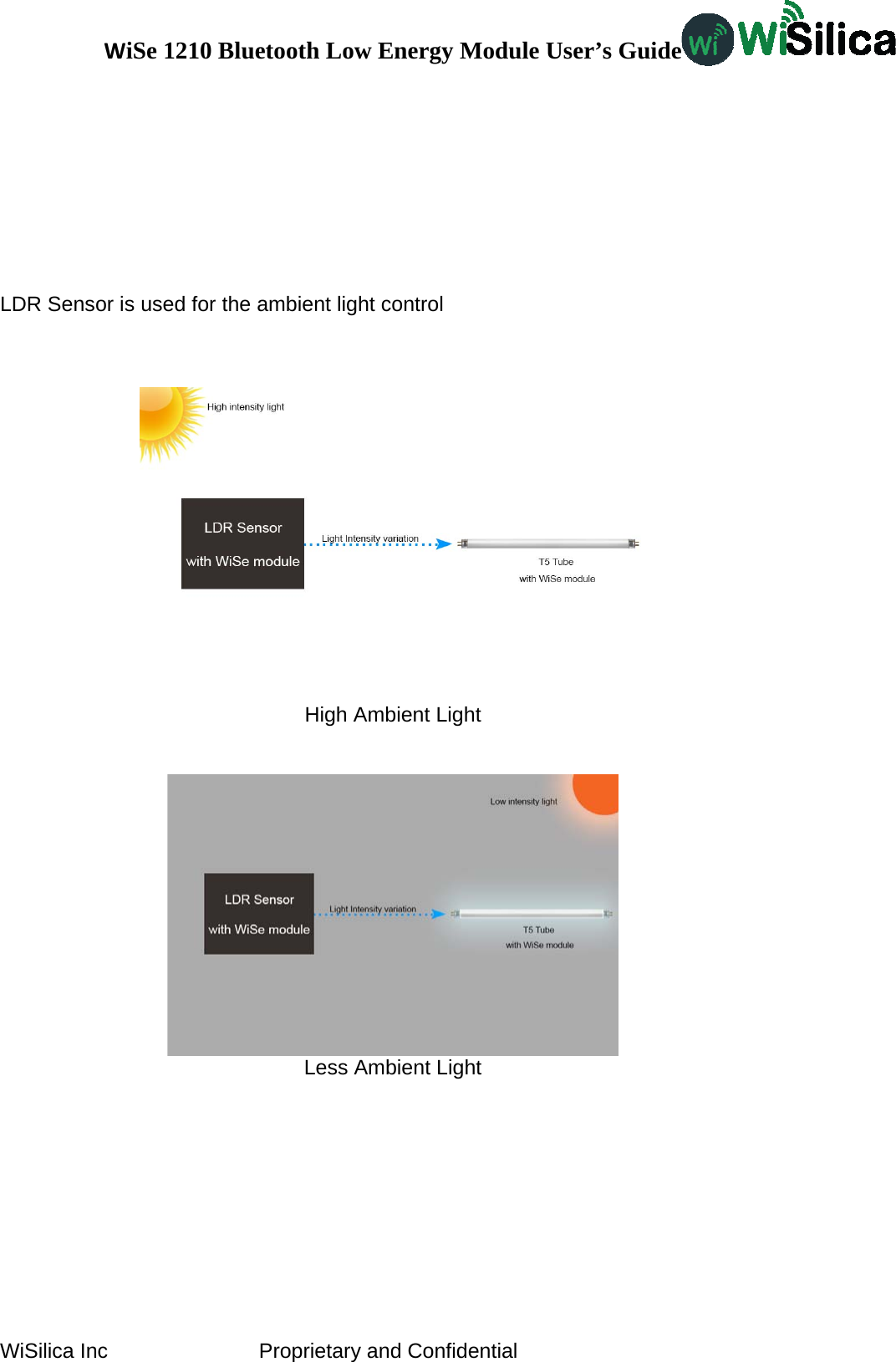 WiSe 1210 Bluetooth Low Energy Module User’s Guide WiSilica Inc                          Proprietary and Confidential         LDR Sensor is used for the ambient light control     High Ambient Light    Less Ambient Light  