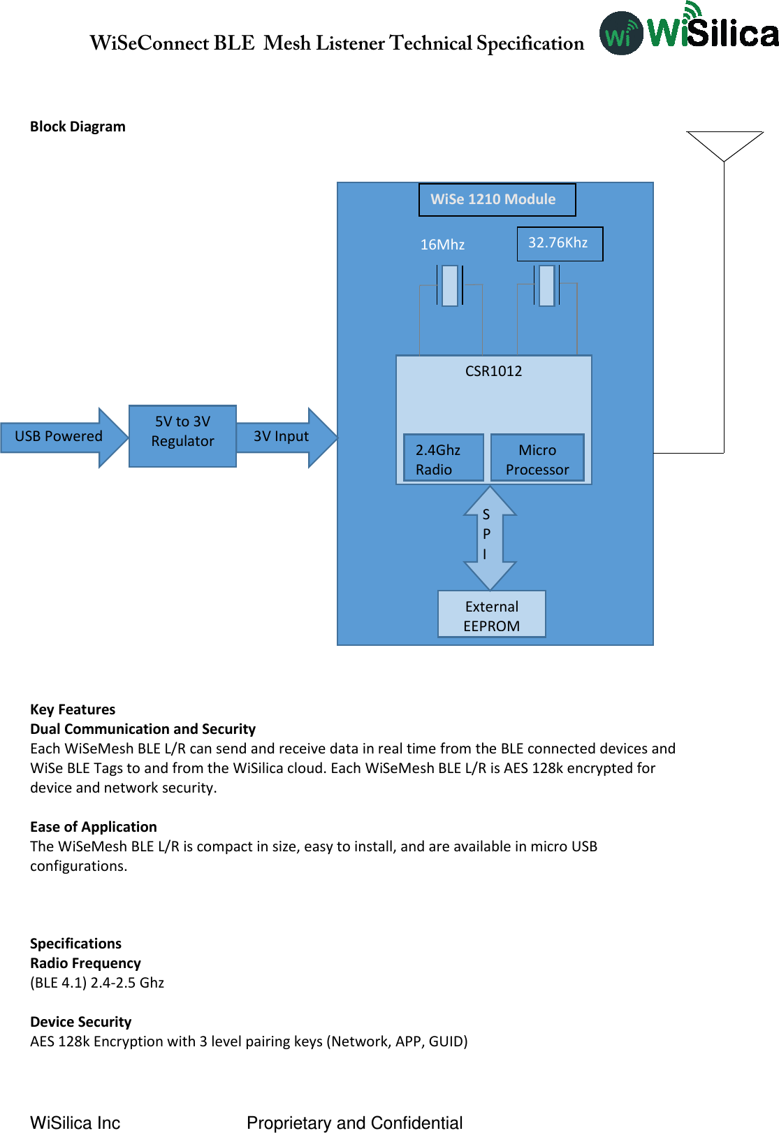               WiSeConnect BLE  Mesh Listener Technical Specification  WiSilica Inc                          Proprietary and Confidential   Block Diagram                                                                   Key Features Dual Communication and Security Each WiSeMesh BLE L/R can send and receive data in real time from the BLE connected devices and WiSe BLE Tags to and from the WiSilica cloud. Each WiSeMesh BLE L/R is AES 128k encrypted for device and network security.  Ease of Application The WiSeMesh BLE L/R is compact in size, easy to install, and are available in micro USB configurations.    Specifications Radio Frequency (BLE 4.0) 2.4-2.5 Ghz  Device Security AES 128k Encryption with 3 level pairing keys (Network, APP, GUID)   5V to 3V Regulator  USB Powered 3V Input CSR1012 2.4Ghz Radio Micro Processor External EEPROM SP I 16Mhz 32.76Khz WiSe 1210 Module (BLE 4.1) 2.4-2.5 Ghz 