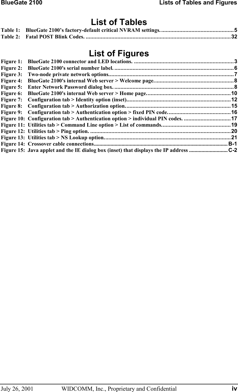 BlueGate 2100    Lists of Tables and Figures July 26, 2001  WIDCOMM, Inc., Proprietary and Confidential  iv List of Tables Table 1:    BlueGate 2100’s factory-default critical NVRAM settings.................................................5 Table 2:    Fatal POST Blink Codes. ................................................................................................32  List of Figures Figure 1:    BlueGate 2100 connector and LED locations. ..................................................................3 Figure 2:    BlueGate 2100&apos;s serial number label. ...............................................................................6 Figure 3:    Two-node private network options...................................................................................7 Figure 4:    BlueGate 2100&apos;s internal Web server &gt; Welcome page.....................................................8 Figure 5:    Enter Network Password dialog box. ...............................................................................8 Figure 6:    BlueGate 2100&apos;s internal Web server &gt; Home page........................................................10 Figure 7:    Configuration tab &gt; Identity option (inset).....................................................................12 Figure 8:    Configuration tab &gt; Authorization option......................................................................15 Figure 9:    Configuration tab &gt; Authentication option &gt; fixed PIN code..........................................16 Figure 10:  Configuration tab &gt; Authentication option &gt; individual PIN codes. ...............................17 Figure 11:  Utilities tab &gt; Command Line option &gt; List of commands..............................................19 Figure 12:  Utilities tab &gt; Ping option. .............................................................................................20 Figure 13:  Utilities tab &gt; NS Lookup option....................................................................................21 Figure 14:  Crossover cable connections................................................................................................. B-1 Figure 15:  Java applet and the IE dialog box (inset) that displays the IP address ............................ C-2   