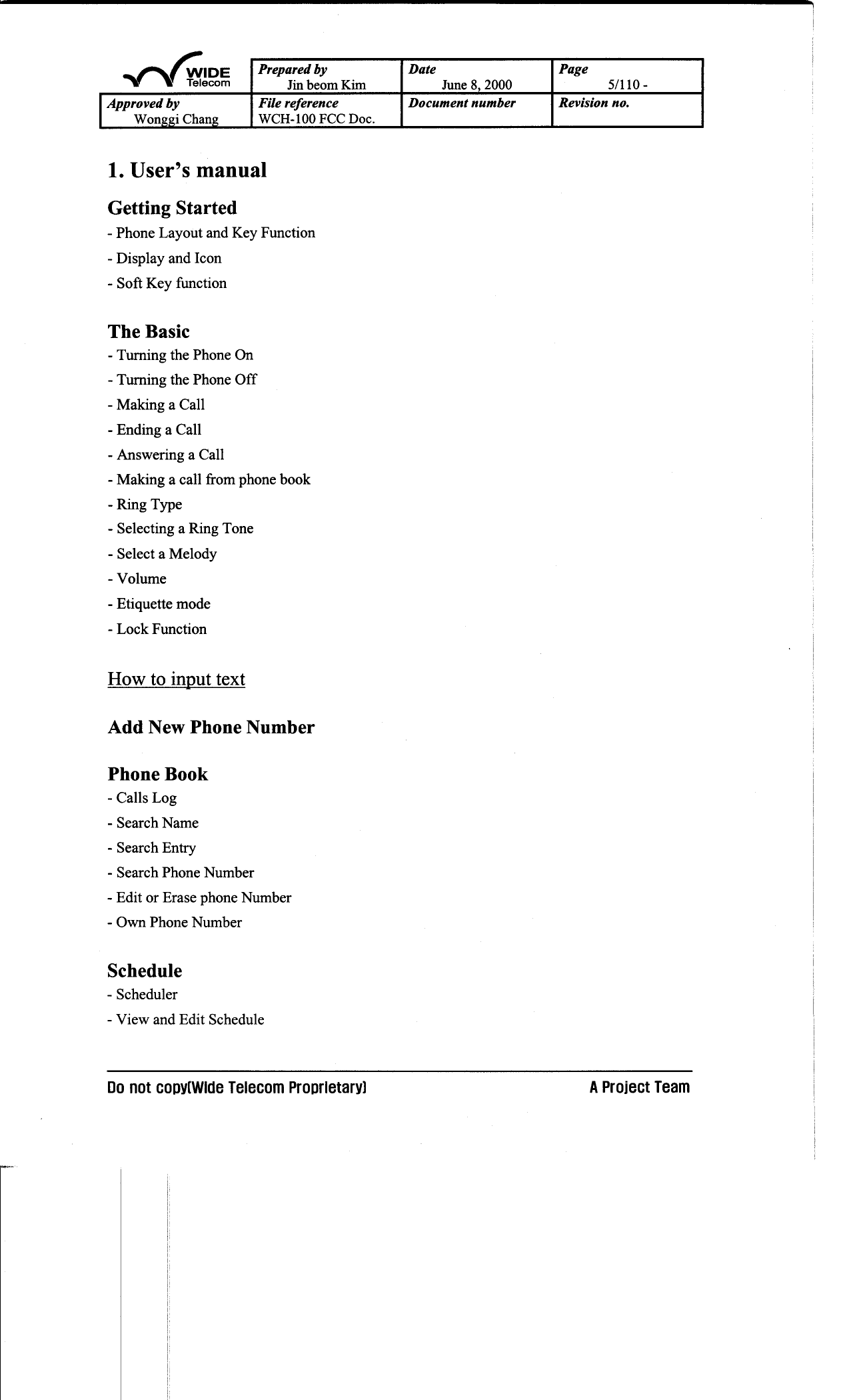 Wide WCH100 SingleMode CDMA Cellular Phone User Manual