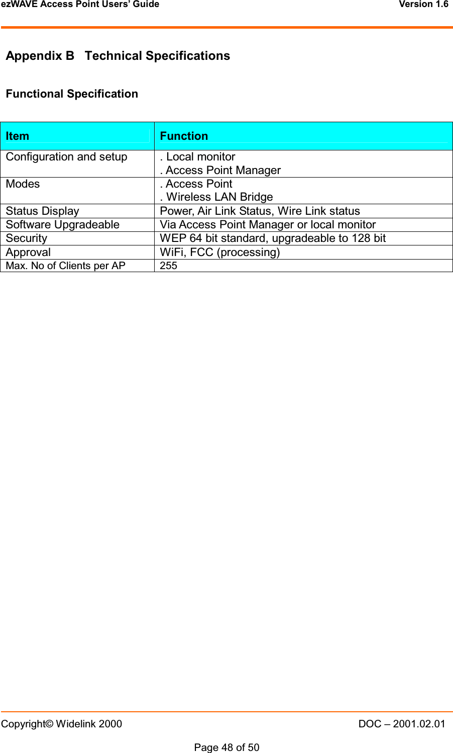 ezWAVE Access Point Users&rsquo; Guide Version 1.6 Copyright&copy; Widelink 2000 DOC &ndash; 2001.02.01Page 48 of 50 Appendix B Technical SpecificationsFunctional SpecificationItem FunctionConfiguration and setup . Local monitor. Access Point ManagerModes . Access Point. Wireless LAN BridgeStatus Display Power, Air Link Status, Wire Link statusSoftware Upgradeable Via Access Point Manager or local monitorSecurity WEP 64 bit standard, upgradeable to 128 bitApproval WiFi, FCC (processing)Max. No of Clients per AP 255