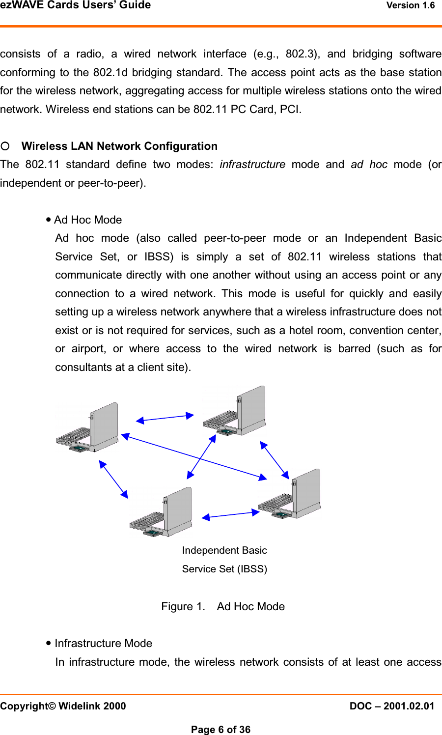 ezWAVE Cards Users&rsquo; Guide Version 1.6 Copyright&copy; Widelink 2000 DOC &ndash; 2001.02.01Page 6 of 36 consists of a radio, a wired network interface (e.g., 802.3), and bridging softwareconforming to the 802.1d bridging standard. The access point acts as the base stationfor the wireless network, aggregating access for multiple wireless stations onto the wirednetwork. Wireless end stations can be 802.11 PC Card, PCI.{{{{Wireless LAN Network ConfigurationThe 802.11 standard define two modes: infrastructure mode and ad hoc mode (orindependent or peer-to-peer).yAd Hoc ModeAd hoc mode (also called peer-to-peer mode or an Independent BasicService Set, or IBSS) is simply a set of 802.11 wireless stations thatcommunicate directly with one another without using an access point or anyconnection to a wired network. This mode is useful for quickly and easilysetting up a wireless network anywhere that a wireless infrastructure does notexist or is not required for services, such as a hotel room, convention center,or airport, or where access to the wired network is barred (such as forconsultants at a client site).Figure 1. Ad Hoc ModeyInfrastructure ModeIn infrastructure mode, the wireless network consists of at least one accessIndependent BasicService Set (IBSS) 