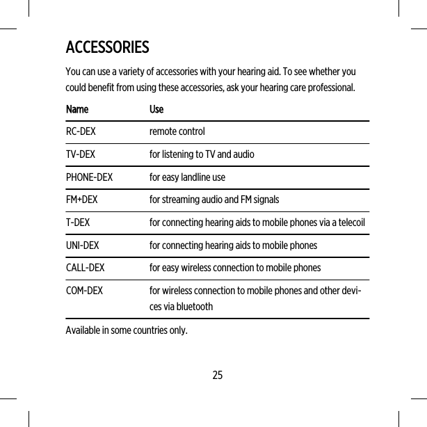 ACCESSORIESYou can use a variety of accessories with your hearing aid. To see whether youcould benefit from using these accessories, ask your hearing care professional.Name UseRC-DEX remote controlTV-DEX for listening to TV and audioPHONE-DEX for easy landline useFM+DEX for streaming audio and FM signalsT-DEX for connecting hearing aids to mobile phones via a telecoilUNI-DEX for connecting hearing aids to mobile phonesCALL-DEX for easy wireless connection to mobile phonesCOM-DEX for wireless connection to mobile phones and other devi-ces via bluetoothAvailable in some countries only.25