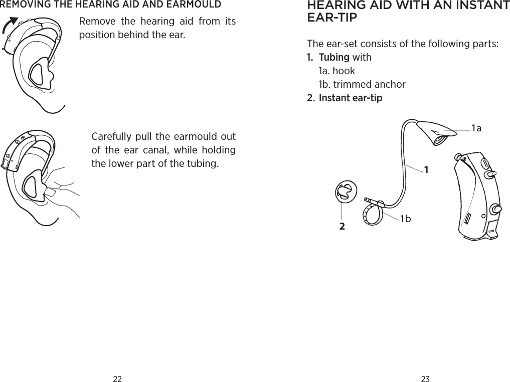 22 23REMOVING THE HEARING AID AND EARMOULDRemove  the  hearing  aid  from  its position behind the ear. Carefully pull the earmould out of  the  ear  canal,  while  holding the lower part of the tubing.hearing aid with an instant ear-tip The ear-set consists of the following parts:1.  Tubing with   1a. hook   1b. trimmed anchor2. Instant ear-tip1a11b2