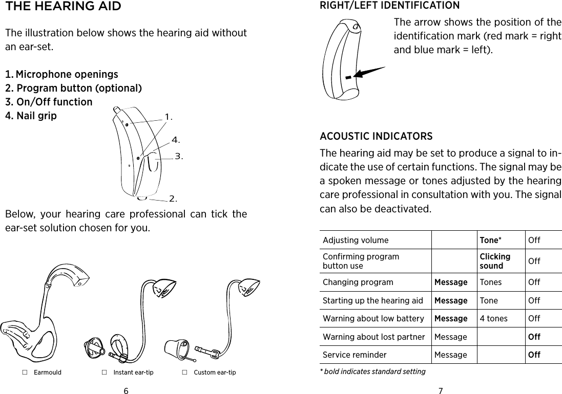 6 7 the hearing aidThe illustration below shows the hearing aid without an ear-set. MicrophoneopeningsProgrambutton(optional)OnOfffunctionNailgrip1.2.3.4.Below,  your  hearing  care  professional  can  tick  the ear-set solution chosen for you. Earmould  Instant ear-tip  Custom ear-tipRIGHT/LEFT IDENTIFICATIONThe arrow shows the position of the identification mark (red mark = right and blue mark = left).ACOUSTIC INDICATORSThe hearing aid may be set to produce a signal to in-dicate the use of certain functions. The signal may be a spoken message or tones adjusted by the hearing care professional in consultation with you. The signal can also be deactivated.Adjusting volume  Tone*  OffConfirming program  button useClicking sound OffChanging program  Message  Tones OffStarting up the hearing aid Message Tone OffWarning about low battery  Message 4 tones OffWarning about lost partner Message OffService reminder    Message Off* bold indicates standard setting