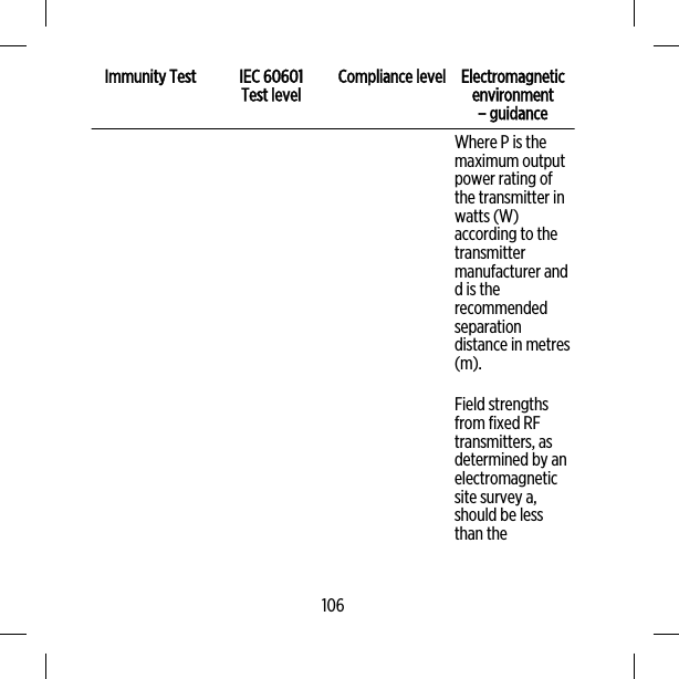 Immunity Test IEC 60601Test level Compliance level Electromagneticenvironment– guidanceWhere P is themaximum outputpower rating ofthe transmitter inwatts (W)according to thetransmittermanufacturer andd is therecommendedseparationdistance in metres(m).Field strengthsfrom fixed RFtransmitters, asdetermined by anelectromagneticsite survey a,should be lessthan the106