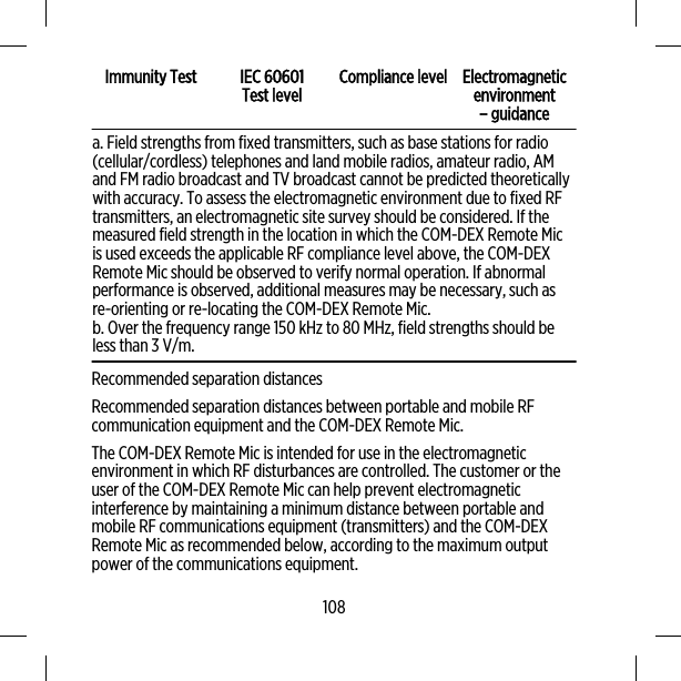 Immunity Test IEC 60601Test level Compliance level Electromagneticenvironment– guidancea. Field strengths from fixed transmitters, such as base stations for radio(cellular/cordless) telephones and land mobile radios, amateur radio, AMand FM radio broadcast and TV broadcast cannot be predicted theoreticallywith accuracy. To assess the electromagnetic environment due to fixed RFtransmitters, an electromagnetic site survey should be considered. If themeasured field strength in the location in which the COM-DEX Remote Micis used exceeds the applicable RF compliance level above, the COM-DEXRemote Mic should be observed to verify normal operation. If abnormalperformance is observed, additional measures may be necessary, such asre-orienting or re-locating the COM-DEX Remote Mic.b. Over the frequency range 150 kHz to 80 MHz, field strengths should beless than 3 V/m.Recommended separation distancesRecommended separation distances between portable and mobile RFcommunication equipment and the COM-DEX Remote Mic.The COM-DEX Remote Mic is intended for use in the electromagneticenvironment in which RF disturbances are controlled. The customer or theuser of the COM-DEX Remote Mic can help prevent electromagneticinterference by maintaining a minimum distance between portable andmobile RF communications equipment (transmitters) and the COM-DEXRemote Mic as recommended below, according to the maximum outputpower of the communications equipment.108