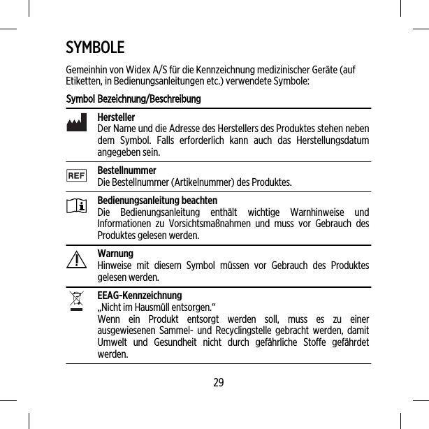 SYMBOLEGemeinhin von Widex A/S für die Kennzeichnung medizinischer Geräte (aufEtiketten, in Bedienungsanleitungen etc.) verwendete Symbole:Symbol Bezeichnung/BeschreibungHerstellerDer Name und die Adresse des Herstellers des Produktes stehen nebendem Symbol. Falls erforderlich kann auch das Herstellungsdatumangegeben sein.BestellnummerDie Bestellnummer (Artikelnummer) des Produktes.Bedienungsanleitung beachtenDie Bedienungsanleitung enthält wichtige Warnhinweise undInformationen zu Vorsichtsmaßnahmen und muss vor Gebrauch desProduktes gelesen werden.WarnungHinweise mit diesem Symbol müssen vor Gebrauch des Produktesgelesen werden.EEAG-Kennzeichnung„Nicht im Hausmüll entsorgen.“Wenn ein Produkt entsorgt werden soll, muss es zu einerausgewiesenen Sammel- und Recyclingstelle gebracht werden, damitUmwelt und Gesundheit nicht durch gefährliche Stoffe gefährdetwerden.29