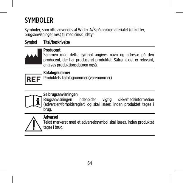 SYMBOLERSymboler, som ofte anvendes af Widex A/S på pakkematerialet (etiketter,brugsanvisninger mv.) til medicinsk udstyrSymbol Titel/beskrivelseProducentSammen med dette symbol angives navn og adresse på denproducent, der har produceret produktet. Såfremt det er relevant,angives produktionsdatoen også.KatalognummerProduktets katalognummer (varenummer)Se brugsanvisningenBrugsanvisningen indeholder vigtig sikkerhedsinformation(advarsler/forholdsregler) og skal læses, inden produktet tages ibrug.AdvarselTekst markeret med et advarselssymbol skal læses, inden produktettages i brug.64