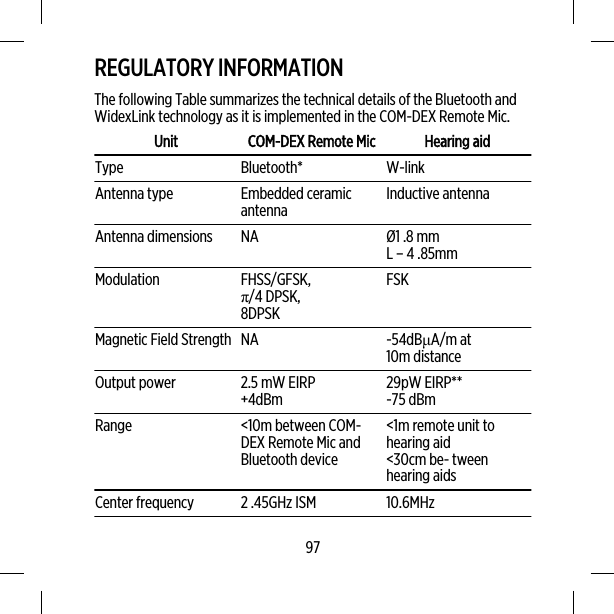 REGULATORY INFORMATIONThe following Table summarizes the technical details of the Bluetooth andWidexLink technology as it is implemented in the COM-DEX Remote Mic.Unit COM-DEX Remote Mic Hearing aidType Bluetooth* W-linkAntenna type Embedded ceramicantenna Inductive antennaAntenna dimensions NA Ø1 .8 mmL – 4 .85mmModulation FHSS/GFSK,π/4 DPSK,8DPSKFSKMagnetic Field Strength NA -54dBμA/m at10m distanceOutput power 2.5 mW EIRP+4dBm 29pW EIRP**-75 dBmRange &lt;10m between COM-DEX Remote Mic andBluetooth device&lt;1m remote unit tohearing aid&lt;30cm be- tweenhearing aidsCenter frequency 2 .45GHz ISM 10.6MHz97