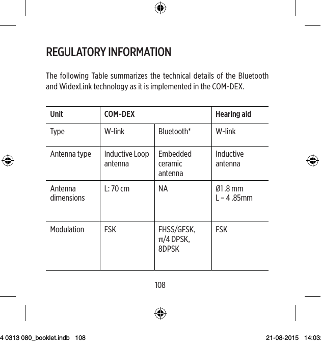 108109REGULATORY INFORMATIONThe following Table summarizes the technical details of the Bluetooth and WidexLink technology as it is implemented in the COM-DEX. Unit COM-DEX Hearing aidType W-link Bluetooth* W-linkAntenna type Inductive Loop antennaEmbedded ceramic antennaInductive antennaAntenna dimensionsL: 70 cm NA Ø1 .8 mmL – 4 .85mmModulation FSK FHSS/GFSK,π/4 DPSK,8DPSKFSKlchD:20141117083232+01’00’17-11-2014 08:32:32-------------------------------------------- M-DEXMagnetic Field Strength-26dBμA/m at10m distanceNA -54dBμA/m at10m distanceOutput power 1.2 nW EIRP**-59 dBm2.5 mW EIRP+4dBm29pW EIRP**-75 dBmRange &lt;1m remote unit to hearing aid&lt;10m between COM-DEX and Bluetooth device&lt;1m remote unit to hearing aid&lt;30cm be- tween hearing aidsCenter fre-quency10.6MHz 2 .45GHz ISM 10.6MHzChannels Single channel radio80 channels Single channel radio9 514 0313 080_booklet.indb   108 21-08-2015   14:03:48