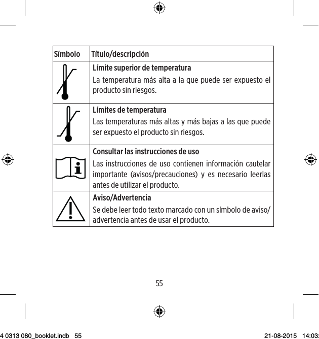 5455Símbolo Título/descripciónNúmero de catálogoEl número de catálogo del producto (artículo). Número de serieEl número de serie del producto.*No exponer a la luz solarNo se debe exponer el producto a fuentes de luz y/o Man-tener el producto alejado de cualquier fuente de calorMantener secoSe debe proteger el producto de la humedad y/o El pro-ducto debe ser protegido contra la lluviaLímite inferior de temperaturaLa temperatura más baja a la que puede ser expuesto el producto sin riesgos.Símbolo Título/descripciónLímite superior de temperaturaLa temperatura más alta a la que puede ser expuesto el producto sin riesgos.Límites de temperaturaLas temperaturas más altas y más bajas a las que puede ser expuesto el producto sin riesgos.Consultar las instrucciones de usoLas instrucciones de uso contienen información cautelar importante (avisos/precauciones) y es necesario leerlas antes de utilizar el producto.Aviso/Advertencia Se debe leer todo texto marcado con un símbolo de aviso/advertencia antes de usar el producto. 9 514 0313 080_booklet.indb   55 21-08-2015   14:03:46