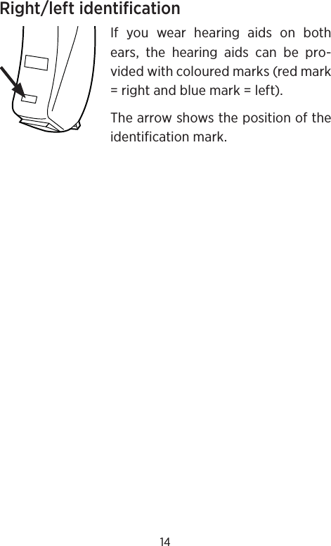 14Right/left identificationIf you wear hearing aids on both ears, the hearing aids can be pro-vided with coloured marks (red mark = right and blue mark = left).The arrow shows the position of the identification mark.