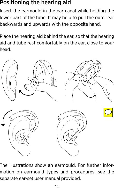 14Positioning the hearing aidInsert the earmould in the ear canal while holding the lower part of the tube. It may help to pull the outer ear backwards and upwards with the opposite hand.Place the hearing aid behind the ear, so that the hearing aid and tube rest comfortably on the ear, close to your head.The illustrations show an earmould. For further infor-mation on earmould types and procedures, see the separate ear-set user manual provided.