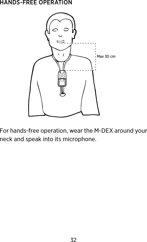 HANDS-FREE OPERATIONFor hands-free operation, wear the M-DEX around your neck and speak into its microphone.Max 30 cm 32