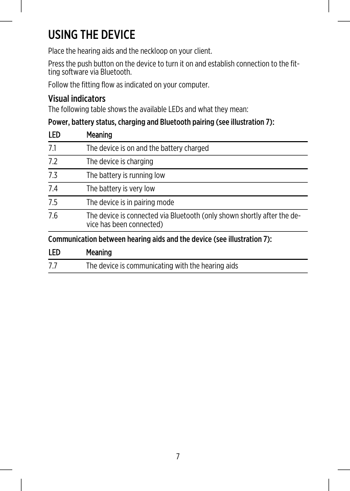 USING THE DEVICEPlace the hearing aids and the neckloop on your client.Press the push button on the device to turn it on and establish connection to the fit-ting software via Bluetooth.Follow the fitting flow as indicated on your computer.Visual indicatorsThe following table shows the available LEDs and what they mean:Power, battery status, charging and Bluetooth pairing (see illustration 7):LED Meaning7.1 The device is on and the battery charged7.2 The device is charging7.3 The battery is running low7.4 The battery is very low7.5 The device is in pairing mode7.6 The device is connected via Bluetooth (only shown shortly after the de-vice has been connected)Communication between hearing aids and the device (see illustration 7):LED Meaning7.7 The device is communicating with the hearing aids7