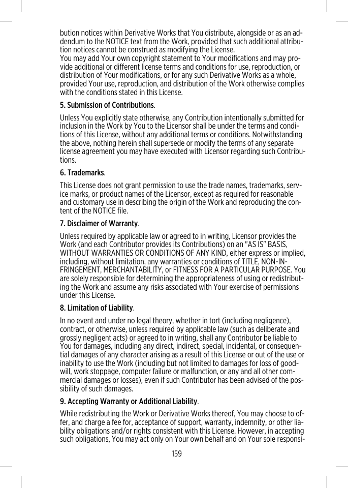 bution notices within Derivative Works that You distribute, alongside or as an ad-dendum to the NOTICE text from the Work, provided that such additional attribu-tion notices cannot be construed as modifying the License.You may add Your own copyright statement to Your modifications and may pro-vide additional or different license terms and conditions for use, reproduction, ordistribution of Your modifications, or for any such Derivative Works as a whole,provided Your use, reproduction, and distribution of the Work otherwise complieswith the conditions stated in this License.5. Submission of Contributions.Unless You explicitly state otherwise, any Contribution intentionally submitted forinclusion in the Work by You to the Licensor shall be under the terms and condi-tions of this License, without any additional terms or conditions. Notwithstandingthe above, nothing herein shall supersede or modify the terms of any separatelicense agreement you may have executed with Licensor regarding such Contribu-tions.6. Trademarks.This License does not grant permission to use the trade names, trademarks, serv-ice marks, or product names of the Licensor, except as required for reasonableand customary use in describing the origin of the Work and reproducing the con-tent of the NOTICE file.7. Disclaimer of Warranty.Unless required by applicable law or agreed to in writing, Licensor provides theWork (and each Contributor provides its Contributions) on an &quot;AS IS&quot; BASIS,WITHOUT WARRANTIES OR CONDITIONS OF ANY KIND, either express or implied,including, without limitation, any warranties or conditions of TITLE, NON-IN-FRINGEMENT, MERCHANTABILITY, or FITNESS FOR A PARTICULAR PURPOSE. Youare solely responsible for determining the appropriateness of using or redistribut-ing the Work and assume any risks associated with Your exercise of permissionsunder this License.8. Limitation of Liability.In no event and under no legal theory, whether in tort (including negligence),contract, or otherwise, unless required by applicable law (such as deliberate andgrossly negligent acts) or agreed to in writing, shall any Contributor be liable toYou for damages, including any direct, indirect, special, incidental, or consequen-tial damages of any character arising as a result of this License or out of the use orinability to use the Work (including but not limited to damages for loss of good-will, work stoppage, computer failure or malfunction, or any and all other com-mercial damages or losses), even if such Contributor has been advised of the pos-sibility of such damages.9. Accepting Warranty or Additional Liability.While redistributing the Work or Derivative Works thereof, You may choose to of-fer, and charge a fee for, acceptance of support, warranty, indemnity, or other lia-bility obligations and/or rights consistent with this License. However, in acceptingsuch obligations, You may act only on Your own behalf and on Your sole responsi-159