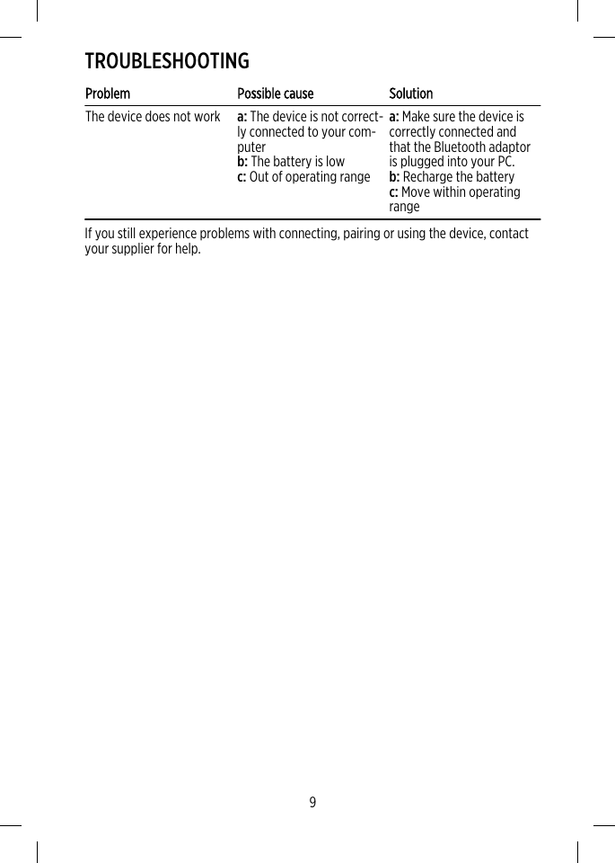 TROUBLESHOOTINGProblem Possible cause SolutionThe device does not work a: The device is not correct-ly connected to your com-puterb: The battery is lowc: Out of operating rangea: Make sure the device iscorrectly connected andthat the Bluetooth adaptoris plugged into your PC.b: Recharge the batteryc: Move within operatingrangeIf you still experience problems with connecting, pairing or using the device, contactyour supplier for help.9
