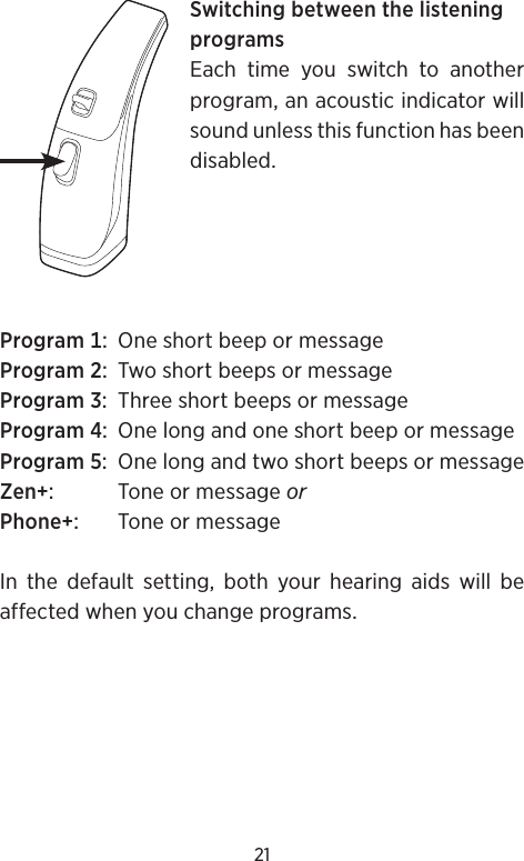 21SwitchingbetweenthelisteningprogramsEach time you switch to another program, an acoustic indicator will sound unless this function has been disabled. Program OneshortbeepormessageProgram TwoshortbeepsormessageProgram ThreeshortbeepsormessageProgram OnelongandoneshortbeepormessageProgram OnelongandtwoshortbeepsormessageZen ToneormessageorPhone ToneormessageIn the default setting, both your hearing aids will be  affected when you change programs.