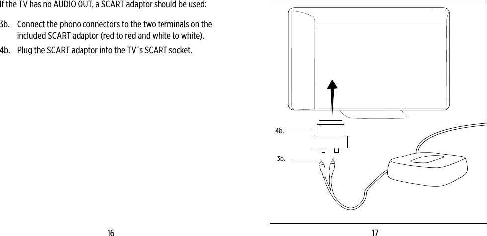 3b.4b.If the TV has no AUDIO OUT, a SCART adaptor should be used:3b.  Connect the phono connectors to the two terminals on the included SCART adaptor (red to red and white to white).4b.  Plug the SCART adaptor into the TV´s SCART socket.16 17