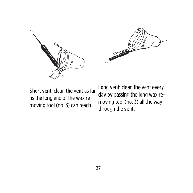 Short vent: clean the vent as faras the long end of the wax re-moving tool (no. 3) can reach.Long vent: clean the vent everyday by passing the long wax re-moving tool (no. 3) all the waythrough the vent.37