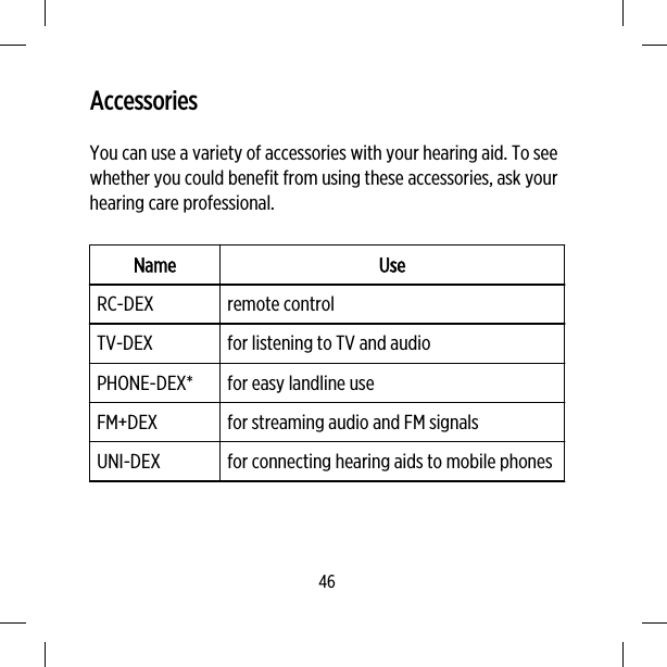 AccessoriesYou can use a variety of accessories with your hearing aid. To seewhether you could benefit from using these accessories, ask yourhearing care professional.Name UseRC-DEX remote controlTV-DEX for listening to TV and audioPHONE-DEX* for easy landline useFM+DEX for streaming audio and FM signalsUNI-DEX for connecting hearing aids to mobile phones46