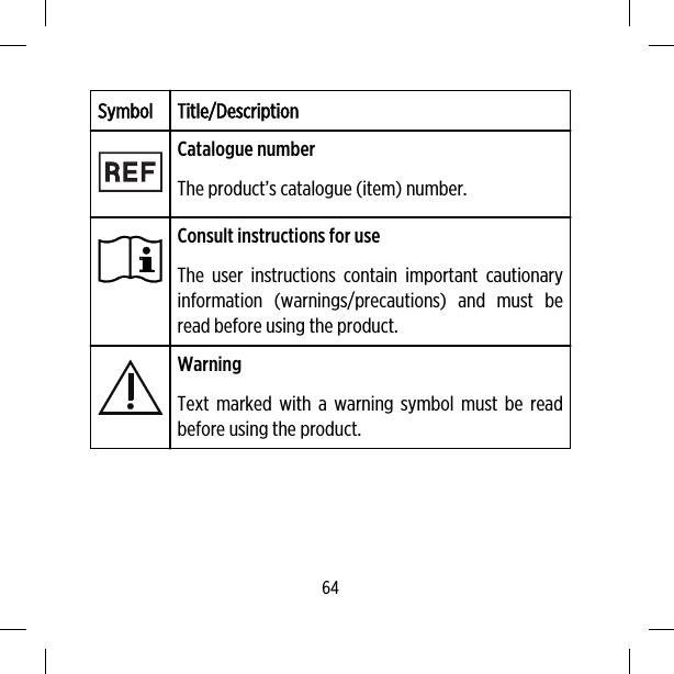 Symbol Title/DescriptionCatalogue numberThe product’s catalogue (item) number.Consult instructions for useThe user instructions contain important cautionaryinformation (warnings/precautions) and must beread before using the product.WarningText marked with a warning symbol must be readbefore using the product.64