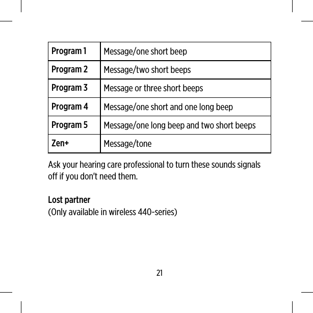 Program 1 Message/one short beepProgram 2 Message/two short beepsProgram 3 Message or three short beepsProgram 4 Message/one short and one long beepProgram 5 Message/one long beep and two short beepsZen+ Message/toneAsk your hearing care professional to turn these sounds signalsoff if you don&apos;t need them.Lost partner(Only available in wireless 440-series)21