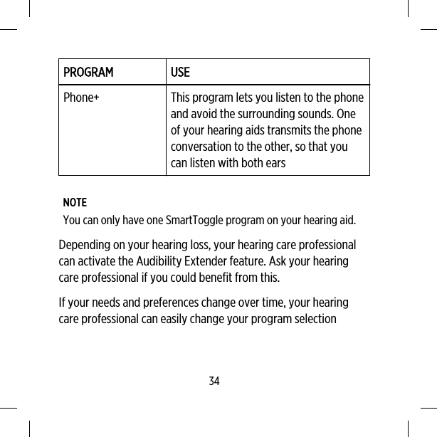 PROGRAM USEPhone+ This program lets you listen to the phoneand avoid the surrounding sounds. Oneof your hearing aids transmits the phoneconversation to the other, so that youcan listen with both earsNOTEYou can only have one SmartToggle program on your hearing aid.Depending on your hearing loss, your hearing care professionalcan activate the Audibility Extender feature. Ask your hearingcare professional if you could benefit from this.If your needs and preferences change over time, your hearingcare professional can easily change your program selection34