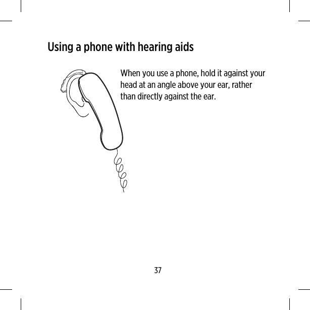 Using a phone with hearing aidsWhen you use a phone, hold it against yourhead at an angle above your ear, ratherthan directly against the ear.37