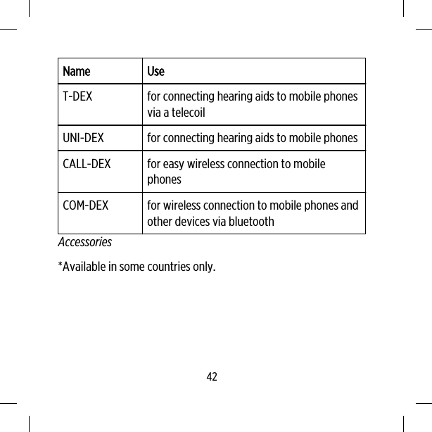 Name UseT-DEX for connecting hearing aids to mobile phonesvia a telecoilUNI-DEX for connecting hearing aids to mobile phonesCALL-DEX for easy wireless connection to mobilephonesCOM-DEX for wireless connection to mobile phones andother devices via bluetoothAccessories*Available in some countries only.42