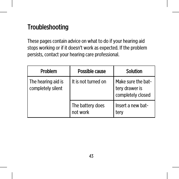 TroubleshootingThese pages contain advice on what to do if your hearing aidstops working or if it doesn&apos;t work as expected. If the problempersists, contact your hearing care professional.Problem Possible cause SolutionThe hearing aid iscompletely silentIt is not turned on Make sure the bat-tery drawer iscompletely closedThe battery doesnot workInsert a new bat-tery43