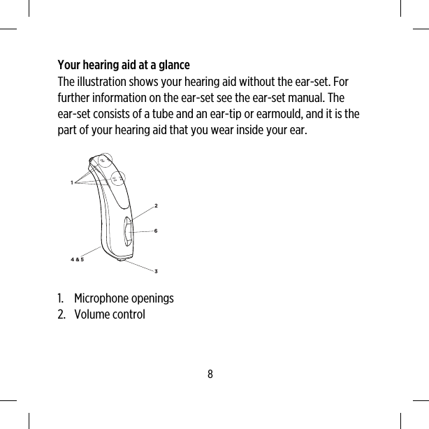 Your hearing aid at a glanceThe illustration shows your hearing aid without the ear-set. Forfurther information on the ear-set see the ear-set manual. Theear-set consists of a tube and an ear-tip or earmould, and it is thepart of your hearing aid that you wear inside your ear.1234 &amp; 561. Microphone openings2. Volume control8