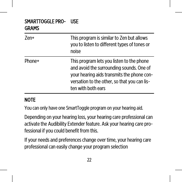 SMARTTOGGLE PRO-GRAMSUSEZen+ This program is similar to Zen but allowsyou to listen to different types of tones ornoisePhone+ This program lets you listen to the phoneand avoid the surrounding sounds. One ofyour hearing aids transmits the phone con-versation to the other, so that you can lis-ten with both earsNOTEYou can only have one SmartToggle program on your hearing aid.Depending on your hearing loss, your hearing care professional canactivate the Audibility Extender feature. Ask your hearing care pro-fessional if you could benefit from this.If your needs and preferences change over time, your hearing careprofessional can easily change your program selection22