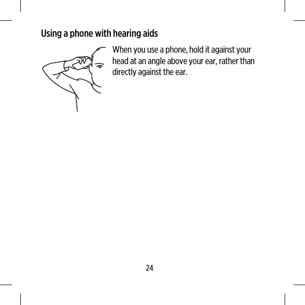 Using a phone with hearing aidsWhen you use a phone, hold it against yourhead at an angle above your ear, rather thandirectly against the ear.24