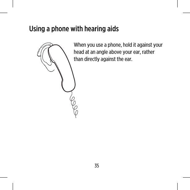 Using a phone with hearing aidsWhen you use a phone, hold it against yourhead at an angle above your ear, ratherthan directly against the ear.35