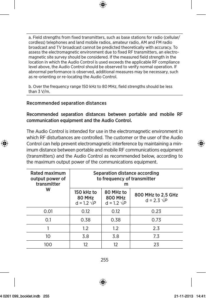 255a. Field strengths from fixed transmitters, such as base stations for radio (cellular/cordless) telephones and land mobile radios, amateur radio, AM and FM radio broadcast and TV broadcast cannot be predicted theoretically with accuracy. To assess the electromagnetic environment due to fixed RF transmitters, an electro-magnetic site survey should be considered. If the measured field strength in the location in which the Audio Control is used exceeds the applicable RF compliance level above, the Audio Control should be observed to verify normal operation. If abnormal performance is observed, additional measures may be necessary, such as re-orienting or re-locating the Audio Control.b. Over the frequency range 150 kHz to 80 MHz, field strengths should be less than 3 V/m.RecommendedseparationdistancesRecommended separation distances between portable and mobile RFcommunicationequipmentandtheAudioControlTheAudioControlisintendedforuseintheelectromagneticenvironmentinwhichRFdisturbancesarecontrolledThecustomerortheuseroftheAudioControlcanhelppreventelectromagneticinterferencebymaintainingamin-imumdistancebetweenportableandmobileRFcommunicationsequipment(transmitters)andtheAudioControlasrecommendedbelowaccordingtothemaximumoutputpowerofthecommunicationsequipmentRated maximum output power of transmitterWSeparation distance according  to frequency of transmitterm150 kHz to 80 MHz d = 1.2 √P80 MHz to 800 MHzd = 1.2 √P800 MHz to 2.5 GHzd = 2.3 √P0.01 0.12 0.12 0.230.1 0.38 0.38 0.7311.2 1.2 2.310 3.8 3.8 7.3100 12 12 239 514 0261 099_booklet.indb   255 21-11-2013   14:41:20