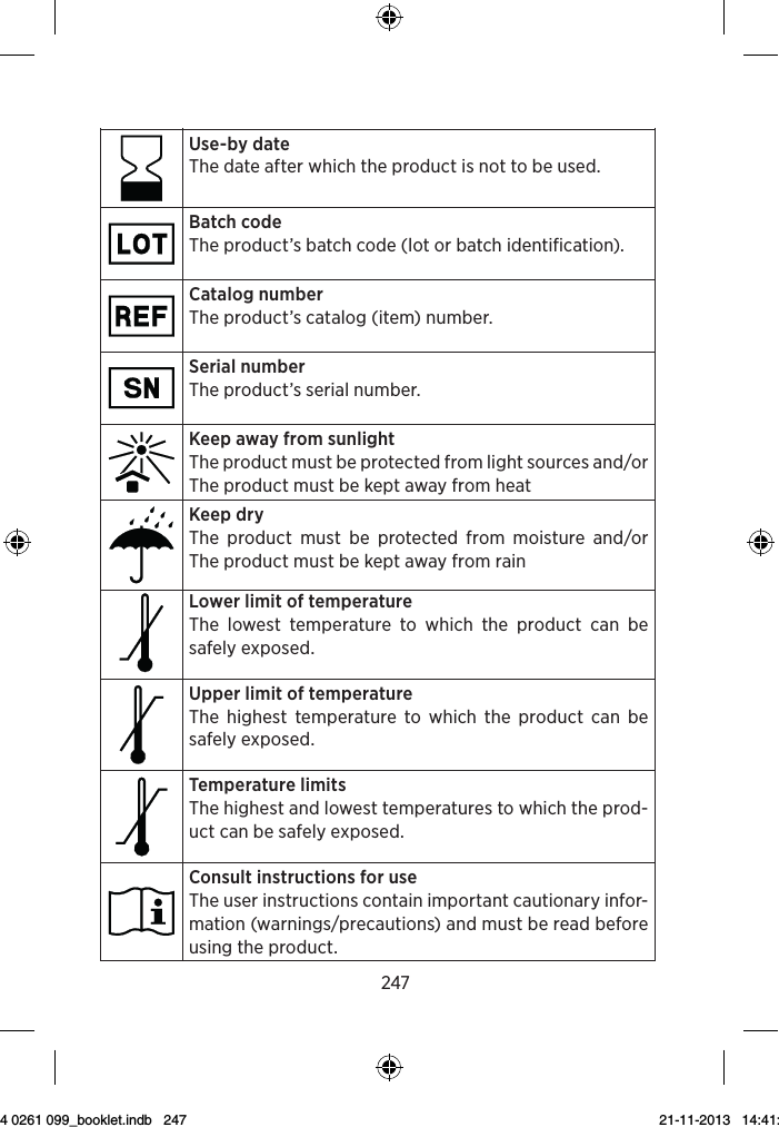 2472syMbolsSymbol Title/DescriptionManufacturerThe product is produced by the manufacturer whose name and address are stated next to the symbol. If ap-propriate, the date of manufacture may also be stated.Date of manufactureThe date when the product was manufactured.Use-by dateThe date after which the product is not to be used.Batch codeThe product’s batch code (lot or batch identification).Catalog numberThe product’s catalog (item) number. Serial numberThe product’s serial number.Keep away from sunlightThe product must be protected from light sources and/or The product must be kept away from heatKeep dryThe product must be protected from moisture and/or  The product must be kept away from rain3Symbol Title/DescriptionLower limit of temperatureThe lowest temperature to which the product can be safely exposed.Upper limit of temperatureThe highest temperature to which the product can be safely exposed.Temperature limitsThe highest and lowest temperatures to which the prod-uct can be safely exposed.Consult instructions for useThe user instructions contain important cautionary infor-mation (warnings/precautions) and must be read before using the product.Caution/Warning Text marked with a caution/warning symbol must be read before using the product. WEEE mark“Not for general waste”When the product is to be discarded, it must be sent to a designated collection point for recycling and recovery.CE mark The product is in conformity with the requirements set out in European CE marking directives.9 514 0261 099_booklet.indb   247 21-11-2013   14:41:19