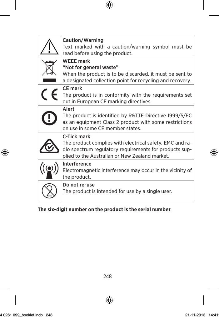 2483Symbol Title/DescriptionLower limit of temperatureThe lowest temperature to which the product can be safely exposed.Upper limit of temperatureThe highest temperature to which the product can be safely exposed.Temperature limitsThe highest and lowest temperatures to which the prod-uct can be safely exposed.Consult instructions for useThe user instructions contain important cautionary infor-mation (warnings/precautions) and must be read before using the product.Caution/Warning Text marked with a caution/warning symbol must be read before using the product. WEEE mark“Not for general waste”When the product is to be discarded, it must be sent to a designated collection point for recycling and recovery.CE mark The product is in conformity with the requirements set out in European CE marking directives.4Symbol Title/DescriptionAlertThe product is identified by R&amp;TTE Directive 1999/5/EC as an equipment Class 2 product with some restrictions on use in some CE member states.C-Tick markThe product complies with electrical safety, EMC and ra-dio spectrum regulatory requirements for products sup-plied to the Australian or New Zealand market.InterferenceElectromagnetic interference may occur in the vicinity of the product.Do not re-useThe product is intended for use by a single user.The six-digit number on the product is the serial number.9 514 0261 099_booklet.indb   248 21-11-2013   14:41:20