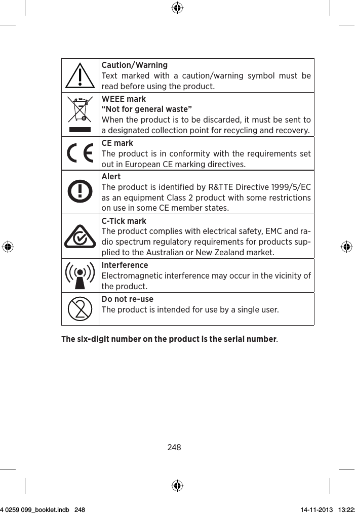 2483Symbol Title/DescriptionLower limit of temperatureThe lowest temperature to which the product can be safely exposed.Upper limit of temperatureThe highest temperature to which the product can be safely exposed.Temperature limitsThe highest and lowest temperatures to which the prod-uct can be safely exposed.Consult instructions for useThe user instructions contain important cautionary infor-mation (warnings/precautions) and must be read before using the product.Caution/Warning Text marked with a caution/warning symbol must be read before using the product. WEEE mark“Not for general waste”When the product is to be discarded, it must be sent to a designated collection point for recycling and recovery.CE mark The product is in conformity with the requirements set out in European CE marking directives.4Symbol Title/DescriptionAlertThe product is identified by R&amp;TTE Directive 1999/5/EC as an equipment Class 2 product with some restrictions on use in some CE member states.C-Tick markThe product complies with electrical safety, EMC and ra-dio spectrum regulatory requirements for products sup-plied to the Australian or New Zealand market.InterferenceElectromagnetic interference may occur in the vicinity of the product.Do not re-useThe product is intended for use by a single user.The six-digit number on the product is the serial number.9 514 0259 099_booklet.indb   248 14-11-2013   13:22:41