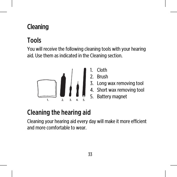 CleaningToolsYou will receive the following cleaning tools with your hearingaid. Use them as indicated in the Cleaning section.3.2.1. 4. 5.1. Cloth2. Brush3. Long wax removing tool4. Short wax removing tool5. Battery magnetCleaning the hearing aidCleaning your hearing aid every day will make it more efficientand more comfortable to wear.33