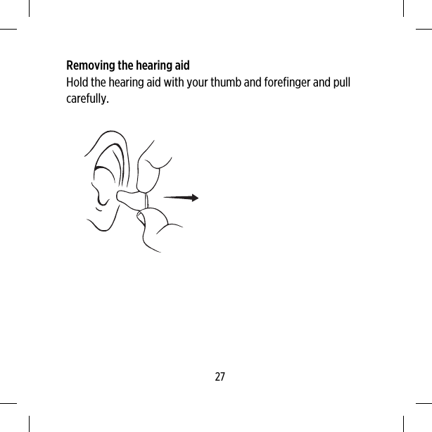 Removing the hearing aidHold the hearing aid with your thumb and forefinger and pullcarefully.27
