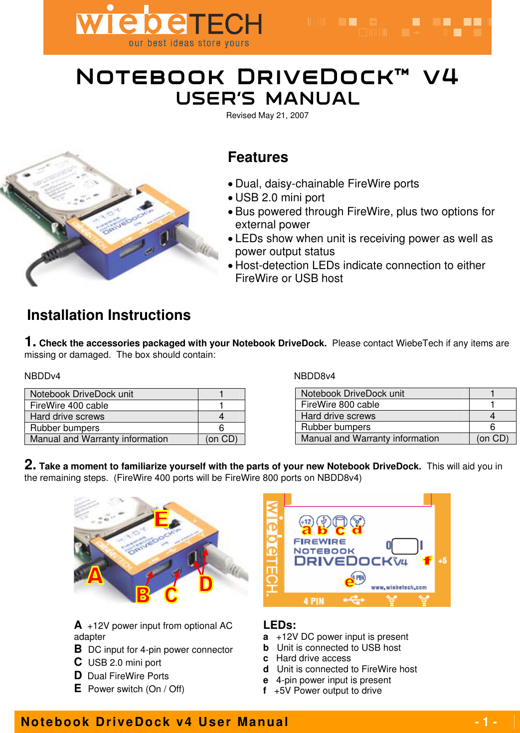 Page 1 of 4 - Wiebetech Wiebetech-Nbddv4-Users-Manual- Notebook DriveDock V4 User's Manual  Wiebetech-nbddv4-users-manual