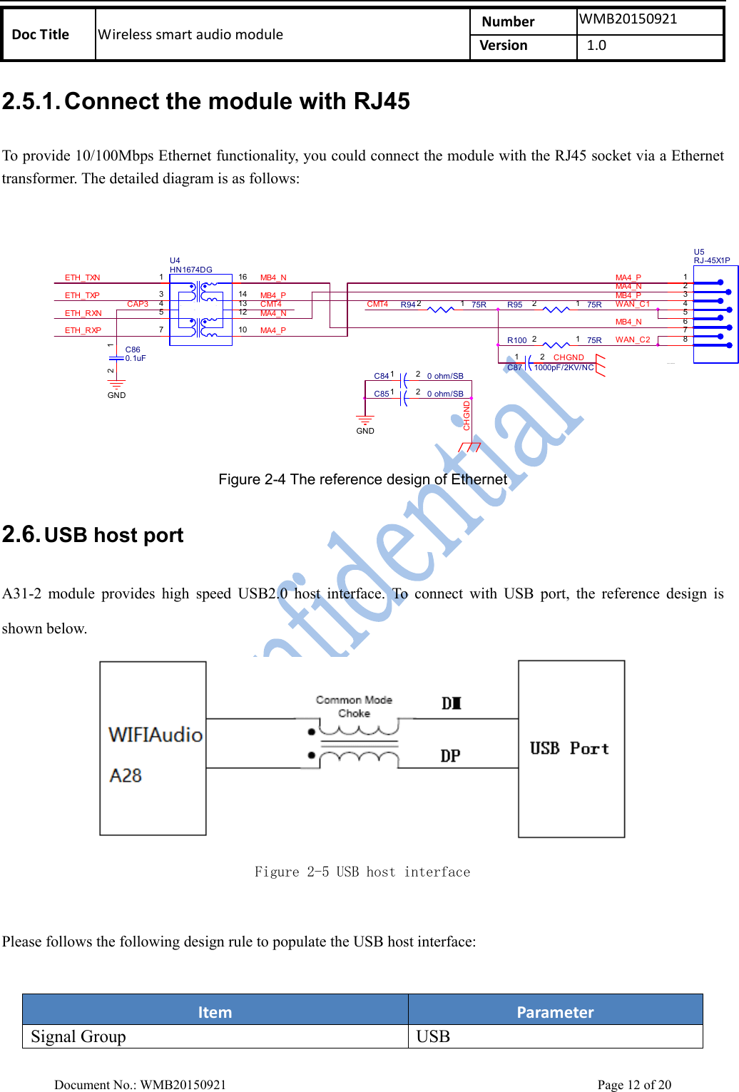    DocTitle Wirelesssmartaudiomodule Number WMB20150921Version 1.0 Document No.: WMB20150921    Page 12 of 20 2.5.1. Connect the module with RJ45   To provide 10/100Mbps Ethernet functionality, you could connect the module with the RJ45 socket via a Ethernet transformer. The detailed diagram is as follows:   R100 75R12R95 75R12GNDU5RJ-45X1P12364578CHGNDC84 0 ohm/SB1 2GNDC85 0 ohm/SB1 2WAN_C2ETH_RXPETH_RXNWAN_C1ETH_TXPETH_TXNMB4_P MB4_PLAN PORT1MA4_PCAP3 CMT4CHGNDMA4_NMB4_NMA4_NMA4_PCMT4MB4_NC860.1uF12RXTXD XU4HN1674DG135716141312104R94 75R12C87 1000pF/2KV/NC1 2 Figure 2-4 The reference design of Ethernet 2.6. USB host port  A31-2  module  provides  high  speed  USB2.0  host  interface.  To  connect  with  USB  port,  the  reference  design  is shown below.      Figure 2-5 USB host interface  Please follows the following design rule to populate the USB host interface:    Item ParameterSignal Group USB 