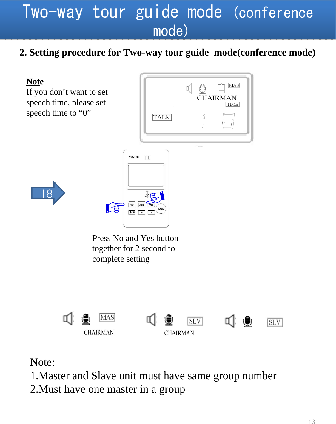 Two-way tour guide mode (conference mode)Two-way tour guide mode (conference mode)13Press No and Yes button together for 2 second to complete setting2. Setting procedure for Two-way tour guide  mode(conference mode)NoteIf you don&rsquo;t want to set speech time, please set speech time to &ldquo;0&rdquo;18Note:1.Master and Slave unit must have same group number 2.Must have one master in a group 